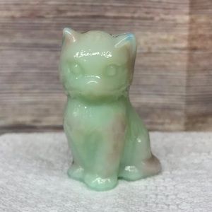 Vintage Boyd’s Green and Pink Slag Glass Cat “marked”